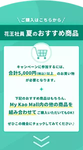 花王社員がおすすめの夏の商品のご購入はこちらかから。キャンペーンに参加するには、税込合計5,000円以上のお買い物が必要となります。下記のおすすめ商品はもちろん、マイ花王モール内の他の商品を組み合わせてご購入いただいてもOK！ぜひこの機会にチェックしてみてください。
