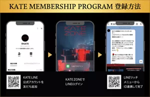 KATE MEMBERSHIP PROGRAM　登録方法　STEP1：KATE LINE公式アカウントを友だち追加　STEP2：KATE ZONEでLINEログイン　STEP3：LINEリッチメニューからID連携して完了