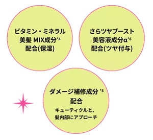 ビタミン・ミネラル美髪MIX成分*4 配合（保湿）　さらツヤブースト美容液成分α*6 配合（ツヤ付与）　ダメージ補修成分*5 配合 キューティクルと、髪内部にアプローチ