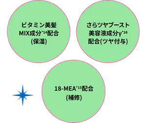 ビタミン美髪MIX成分*14 配合（保湿）　さらツヤブースト美容液成分γ*16 配合（ツヤ付与）　18-MEA*15 配合（補修）