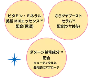 ビタミン・ミネラル美髪MIXエッセンス*17 配合（保湿）　さらツヤブーストセラム*19 配合（ツヤ付与）　ダメージ補修成分*18 配合 キューティクルと、髪内部にアプローチ