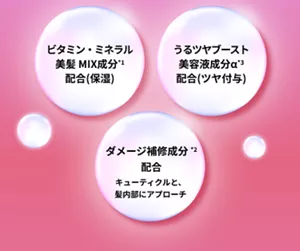 ビタミン・ミネラル 美髪 MIX成分*1 配合(保湿) うるツヤブースト 美容液成分α*3 配合(ツヤ付与) ダメージ補修成分 *2 配合 キューティクルと、髪内部にアプローチ