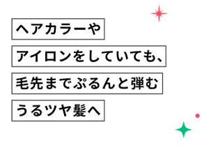 ヘアカラーやアイロンをしていても、毛先までぷるんと弾むうるツヤ髪へ