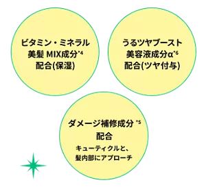 ビタミン・ミネラル 美髪 MIX成分*4 配合（保湿）　ダメージ補修成分*5 配合 キューティクルと、髪内部にアプローチ　うるツヤブースト美容液成分α*6 配合（ツヤ付与）