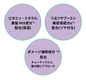 ビタミン・ミネラル 美髪 MIX成分*9 配合（保湿）　うるツヤブースト 美容液成分α*6 配合（ツヤ付与）　ダメージ補修成分*10 配合 キューティクルと、髪内部にアプローチ
