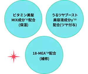 ビタミン美髪 MIX成分*13 配合（保湿） うるツヤブースト 美容液成分γ*15 配合（ツヤ付与）　18-MEA*14 配合（補修）
