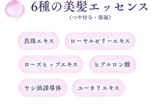 6種の美髪エッセンス（つや付与・保湿）　真珠エキス ローヤルゼリーエキス ローズヒップエキス ヒアルロン酸 ヤシ油誘導体 ユーカリエキス