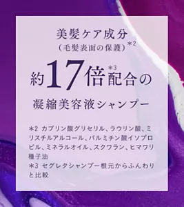 美髪ケア成分（毛髪表面の保護）*2 約17倍配合の凝縮美容液シャンプー　*2 カプリン酸グリセリル、ラウリン酸、ミリスチルアルコール、パルミチン酸イソプロピル、ミネラルオイル、スクワラン、ヒマワリ種子油　*3 セグレタシャンプー根元からふんわりと比較