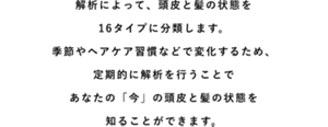 解析によって、頭皮と髪の状態を16タイプに分類します。季節やヘアケア習慣などで変化するため、定期的に解析を行うことであなたの「今」の頭皮と髪の状態を知ることができます。