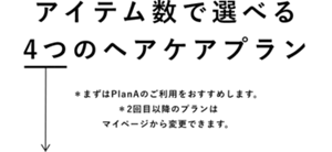 アイテム数で選べる4つのヘアケアプラン　※まずはPlanAのご利用をおすすめします。 ※2回目以降のプランはマイページから変更できます。