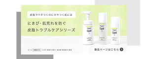 皮脂でベタつくのにカサつく肌には　にきび・肌荒れを防ぐ  皮脂トラブルケアシリーズ　製品ページはこちら