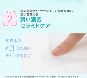 ひみつ2 肌の必須成分「セラミド」の働きを補い、潤いを与える 潤い濃密 セラミドケア 化粧水の約  倍の潤いを１回で補給。
