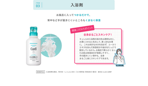 ITEM 03 入浴剤。お風呂に入ってつかるだけで、背中など手が届きにくいところもくまなく保湿。開発こだわりポイント 全身まるごとスキンケア！  キュレルの入浴剤の液の色は透明なのに、お湯に入れると乳化して、真っ白なお湯に。 これは余計な水分を含まず、ユーカリエキスを含んだ保湿成分や油分をたっぷり配合しているから。お風呂で柔らかくなったお肌は保湿成分が浸透しやすく、手の届きにくい背中も、全身まるごと楽にスキンケアできます。医薬部外品 入浴効果を高め、荒れ性・しっしんに効く（コメ胚芽油（有効成分）配合）販売名 Curél入浴剤P。