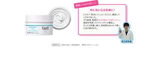 開発こだわりポイント 特に気になる乾燥に！とにかく「乾きにくい」ということに、徹底してこだわりました。 その結果、製剤が水分を抱えて逃がしにくい製剤を考案（ラメラインオイル構造）。 ぴったり密着し続け、長時間なめらかで潤った肌が続きます。 医薬部外品 肌荒れを防ぐ（消炎剤配合） 販売名 CurélクリームLa1