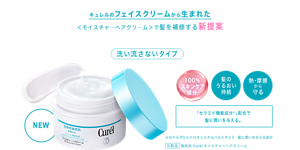 キュレルのフェイスクリームから生まれた ＜モイスチャ―ヘアクリ―ム＞で髪を補修する新提案 洗い流さないタイプ 「セラミド機能成分＊」配合で 髪に潤いを与える。 ※セチルPGヒドロキシエチルパルミタミド　髪に潤いを与える成分  化粧品 販売名Curélモイスチャーへアクリーム 