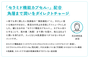「セラミド機能カプセル※」配合  角層まで潤いをダイレクトチャージ　一秒でも早く潤したい洗顔後の“無防備肌＊”に。やさしい使い心地はそのままに、保湿力の向上を目指してリニューアルしました。鍵となるのは「セラミド機能カプセル※」。カプセル状※にすることで、肌の奥（角層）まで潤いを届け、抱え込むように潤いを保ちます。スッとなじみ肌表面はベタつかないのもポイントです。　※セラミド機能成分（ヘキサデシロキシPGヒドロキシエチルヘキサデカナミド：保湿）、 ステアロイルメチルタウリンNa（乳化剤）、POE水添ヒマシ油（可溶剤）からなるベシクル構造　＊洗顔後、スキンケアする前の乾燥対策ができていない肌状態　花王研究員 赤羽
