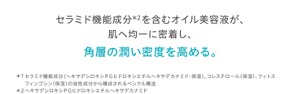 セラミド機能成分*2を含むオイル美容液が、肌へ均一に密着し、角層の潤い密度を高める。 ＊1 セラミド機能成分（ヘキサデシロキシPGヒドロキシエチルヘキサデカナミド：保湿）、コレステロール（保湿）、フィトスフィンゴシン（保湿）の油性成分から構成されるベシクル構造 ＊2 ヘキサデシロキシPGヒドロキシエチルヘキサデカナミド