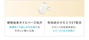 植物由来オイルベース処方：乾燥をくり返しがちな肌にもやさしい使い心地 ／ 有効成分カモミラET配合：メラニンの生成を抑え、シミ・ソバカスを防ぐ