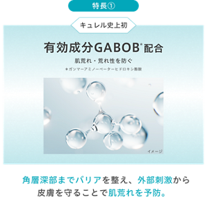特長① / キュレル史上初 有効成分GABOB＊配合 / 肌荒れ・荒れ性を防ぐ / ＊ガンマ-アミノ-ベータ-ヒドロキシ酪酸 / 角層深部までバリアを整え、外部刺激から皮膚を守ることで肌荒れを予防。