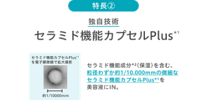 特長② / 独自技術 セラミド機能カプセルPlus＊1 / セラミド機能カプセルPlus＊1を電子顕微鏡で拡大撮影 約1/10000mm / セラミド機能成分＊2（保湿）を含む、粒径わずか約1/10,000mmの微細なセラミド機能カプセルPlus＊1を美容液にIN。