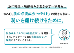急に乾燥・敏感悩みが起きやすい秋冬も… 365日、肌の必須成分「セラミド」の働きを補い、潤いを届け続けるために。独自成分「セラミド機能成分＊」を開発。 また、デリケートな肌に負担感のない※ 製剤にもこだわりました。＊ヘキサデシロキシPGヒドロキシエチルヘキサデカナミド※軽い使い心地のこと