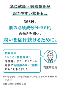 急に乾燥・敏感悩みが起きやすい秋冬も… 365日、肌の必須成分「セラミド」の働きを補い、潤いを届け続けるために。独自成分「セラミド機能成分＊」を開発。 また、デリケートな肌に負担感のない※ 製剤にもこだわりました。＊ヘキサデシロキシPGヒドロキシエチルヘキサデカナミド※軽い使い心地のこと