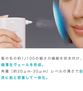 髪の毛の約1/100の細さの繊維を吹き付け、極薄生ヴェールを形成。 角層（約20μm-30μm）レベルの薄さで自然に肌と密着して一体化。