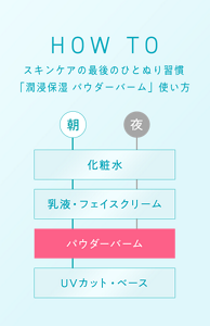 HOW TO スキンケアの最後のひとぬり習慣「潤浸保湿 パウダーバーム」使い方 化粧水→乳液・フェイス クリーム→パウダーバーム→UVカット・ ベース