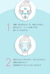 1 適量（長さ約2cm）を、顔の５か所に。 指のはらで、バームを軽く円を描くように広げる。 2 顔の中心から外に向かってなじませます。 最後に指のはらで 肌表面をなでるようになじませます 