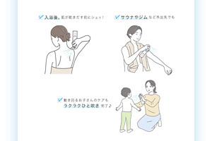 ・入浴後、肌が乾きだす前にシュッ！ ・サウナやジムなど外出先でも ・動き回るお子さんのケアもラクラクひと吹き完了♪