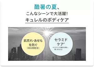 酷暑の夏、こんなシーンで大活躍！キュレルのボディケア「肌荒れ・あせもを防ぐ（消炎剤配合）」「セラミドケア* ＊セラミドの働きを補い、潤いを与える」