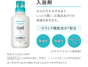 入浴剤　からだのすみずみまで しっとり潤い、お風呂あがりの 乾燥を防ぎます。 セラミド機能成分配合の無香料・無着色・アルコールフリー