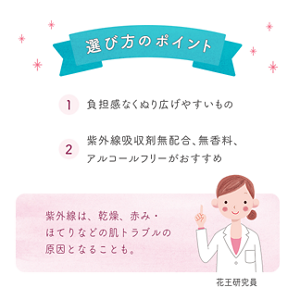 選び方のポイント ①負担感なくぬり広げやすいもの　②紫外線吸収剤無配合、無香料、アルコールフリーがおすすめ　紫外線は、乾燥、赤み・ほてりなどの 肌トラブルの原因となることも。