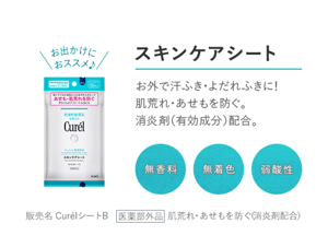スキンケアシート　お外で汗ふき・よだれふきに！ 肌荒れ・あせもを防ぐ。消炎剤（有効成分）配合。 無香料 無着色 弱酸性　販売名 CurelシートB 医薬部外品 肌荒れ・あせもを防ぐ（消炎剤配合）