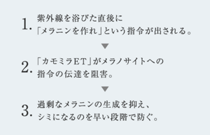 1.紫外線を浴びた直後に 「メラニンを作れ」という指令が出される。 2.「カモミラET」がメラノサイトへの 指令の伝達を阻害。 3.過剰なメラニンの生成を抑え、 シミになるのを早い段階で防ぐ。