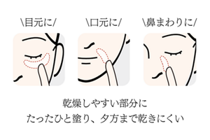 \目元に/ \口元に/ \鼻まわりに/ 乾燥しやすい部分にたったひと塗り、夕方まで乾きにくい