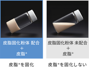 皮脂固化粉体 配合  ＋  皮脂＊ 皮脂＊ を固化 皮脂固化粉体 未配合  ＋  皮脂＊ 皮脂＊を固化しない