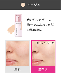 ベージュ 色ムラをカバーし、均一でふんわり自然な印象の肌に 素肌と塗布後の仕上がりイメージ