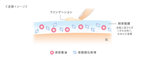 ＜塗膜イメージ＞ ファンデーション 耐皮脂膜 皮脂と混ざらずくずれを防ぐ、なめらか塗膜 高密着油皮脂固化粉体