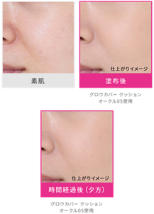 素肌 仕上がりイメージ  塗布後 グロウカバー クッション オークル05使用 仕上がりイメージ 時間経過後（夕方） グロウカバー クッション オークル05使用