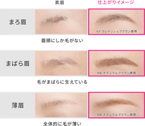 素眉 仕上がりイメージ まろ眉 眉頭にしか毛がない GY グレイッシュブラウン使用 まばら眉 毛がまばらに生えている NB ナチュラルブラウン使用 薄眉 全体的に毛が薄い NB ナチュラルブラウン使用