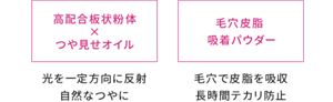 高配合板状粉体×つや見せオイル 光を一定方向に反射 自然なつやに 毛穴皮脂吸着パウダー 毛穴で皮脂を吸収 長時間テカリ防止