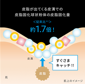 皮脂が出てくる皮溝での皮脂固化球状粉体の皮脂固化量 ＜従来比＊1＞ 約1.7倍！ 肌上のイメージ