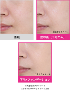 素肌 塗布後（下地のみ）の仕上がりイメージ 下地+ファンデーションの仕上がりイメージ ※角層保水プライマー＋ステイグロウリキッド オークル05​