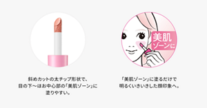 斜めカットの太チップで、目の下からほお中心の「美肌ゾーン」に塗りやすく、明るくいきいきとした顔印象に仕上げるイメージ