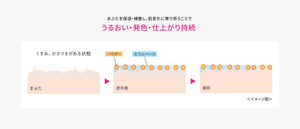 セラムベースがまぶたを保湿・補整し、パウダーが肌変化に寄り添うことで、うるおい・発色・仕上がりが持続するイメージ図