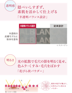 透明感：隠ぺいしすぎず、 素肌を活かして仕上げる 「半透明バランス設計」　明るさ：光の拡散で毛穴の影を明るく見せ、 色ムラ・くすみ・毛穴をぼかす 「花びら状パウダー」