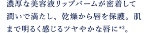 濃厚な美容液リップバームが密着して潤いで満たし、 乾燥から唇を保護。 肌まで明るく感じるツヤやかな唇に＊2。