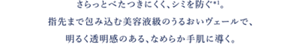 さらっとべたつきにくく､シミを防ぐ＊1。 指先まで包み込む美容液級のうるおいヴェールで、明るく透明感のある､なめらか手肌に導く。