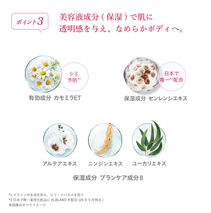 ポイント3 美容液成分（保湿）で肌に透明感を与え、なめらかボディへ。
